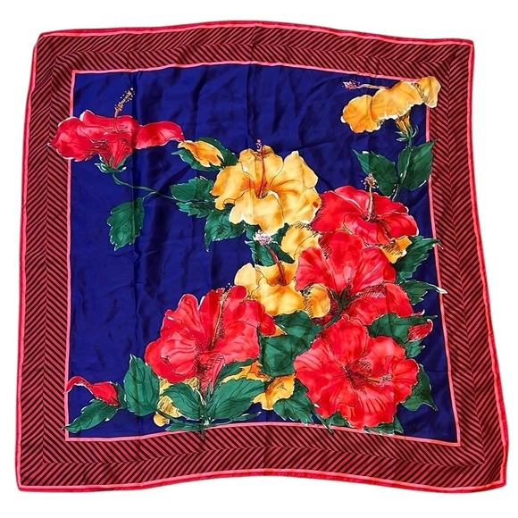 Vera 100% Silk Floral Scarf 30x30 Red/Navy/Yellow Hibiscus Tropical Print Bright - Picture 1 of 13